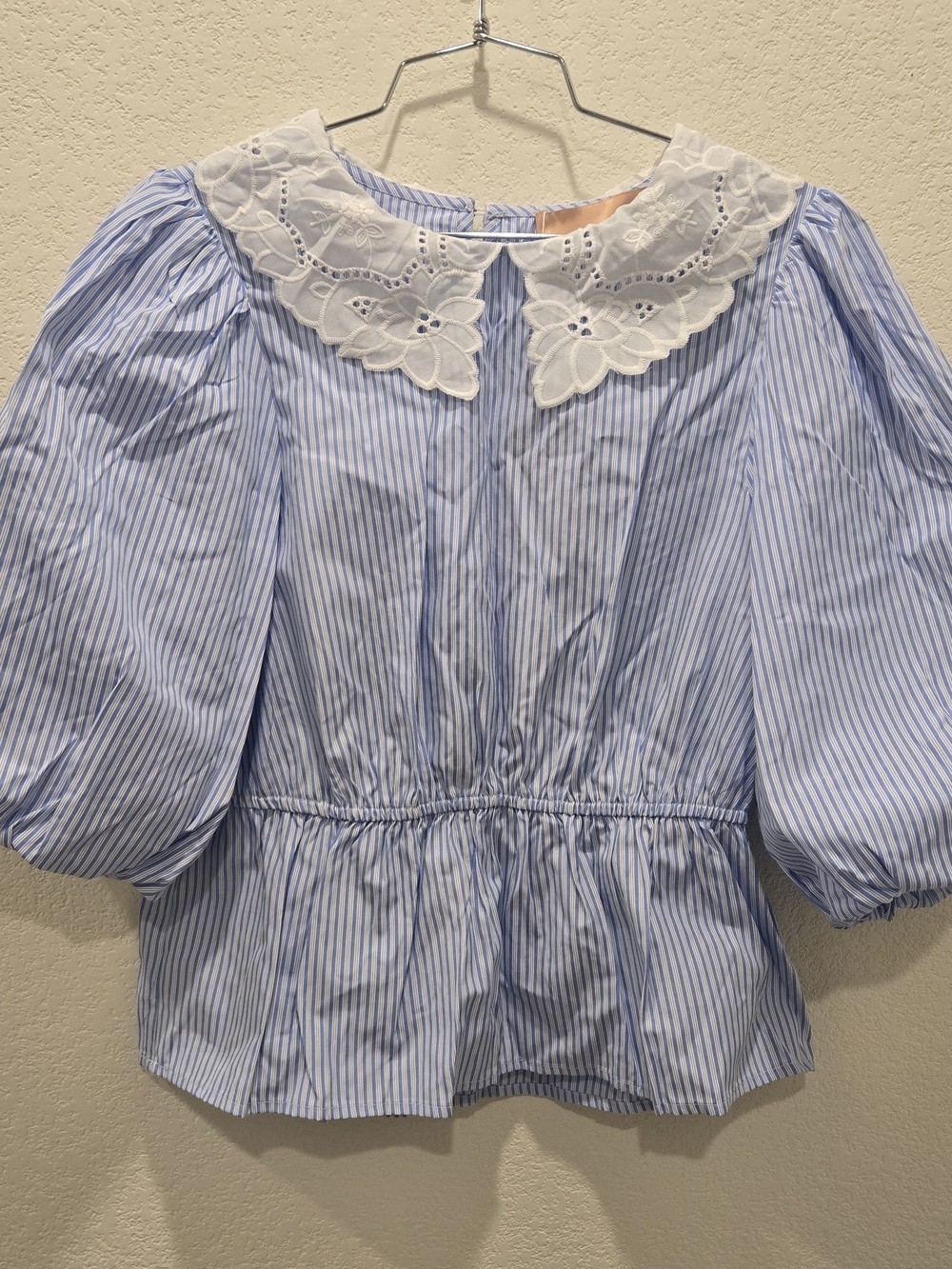 Blue and White Striped Pant Set with Embroidered Peter Pan Collar